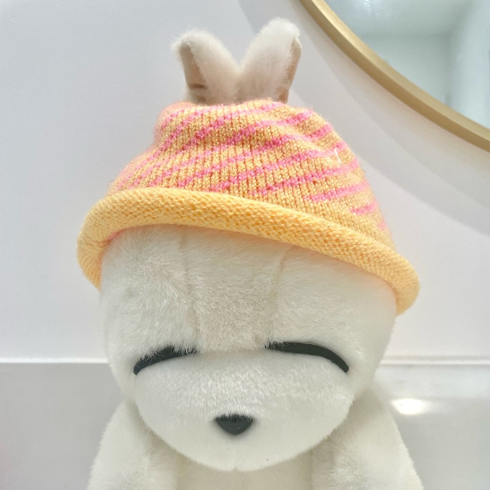 Mashimaro White Rabbit Bunny Plush Stuffed Animal in Stripped Knit Toboggan Hat